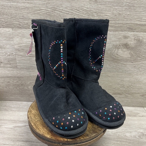 Girls SKECHERS Twinkle Toes Black Faux Fur Lined Boot Size US 6 Rhinestones CUTE - Picture 1 of 11